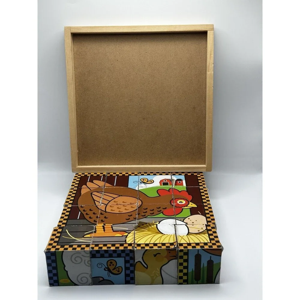 Melissa & Doug Wooden Cube Puzzle Farm 16 Blocks 6 Scenes Complete Wood Toy